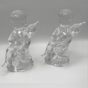 2 Vintage Crystal Angel Cherub Candle Holders Figurines Clear Glass Holiday